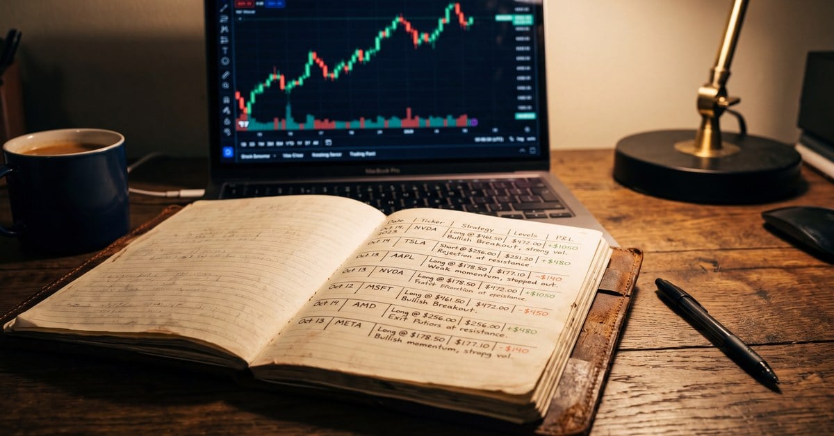 Open trading journal on a desk with candlestick charts on a laptop in the background