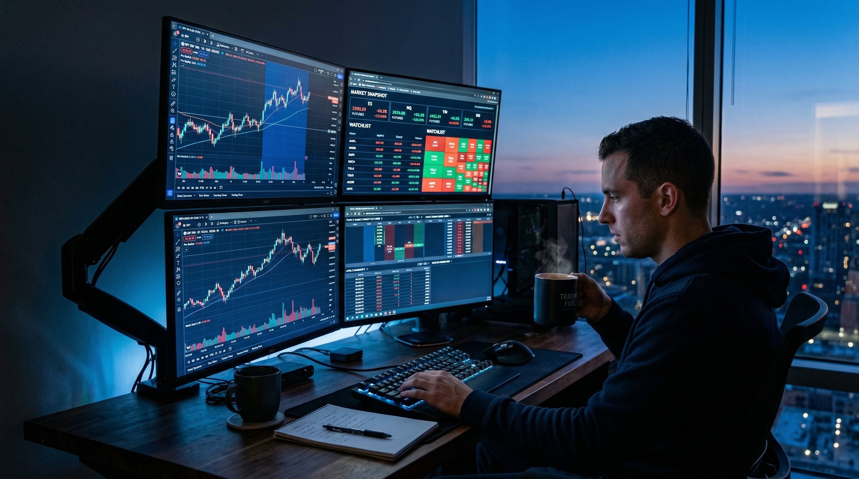 Professional pre-market trading desk setup with multiple monitors showing stock charts